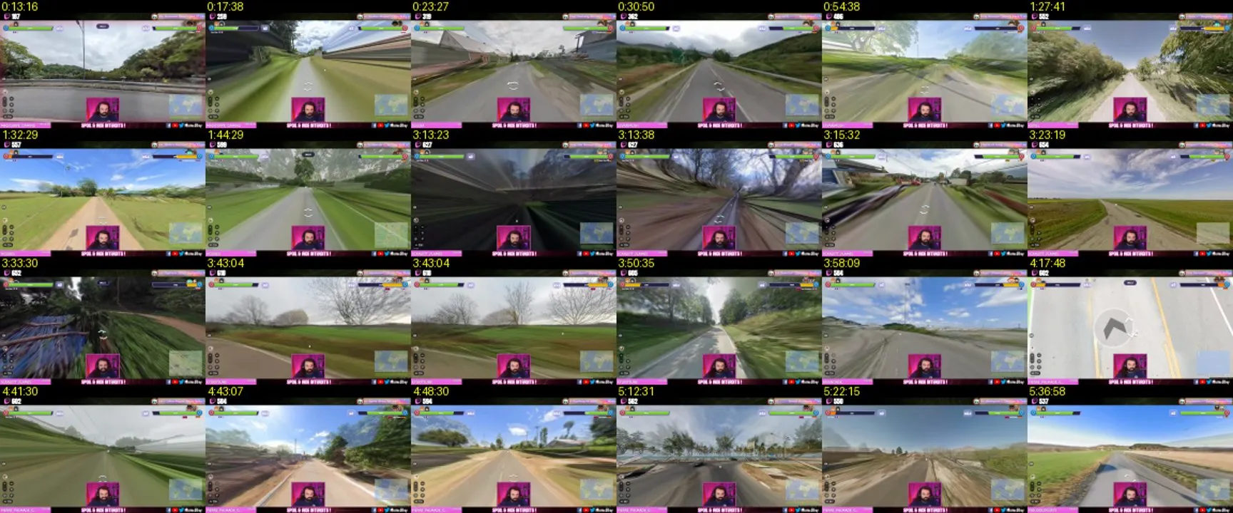A KMeans cluster as a contact sheet: 24 timestamped thumbnails spread over the whole stream, all Street View scenes with the webcam in the corner, so the whole cluster gets the label "in-game".