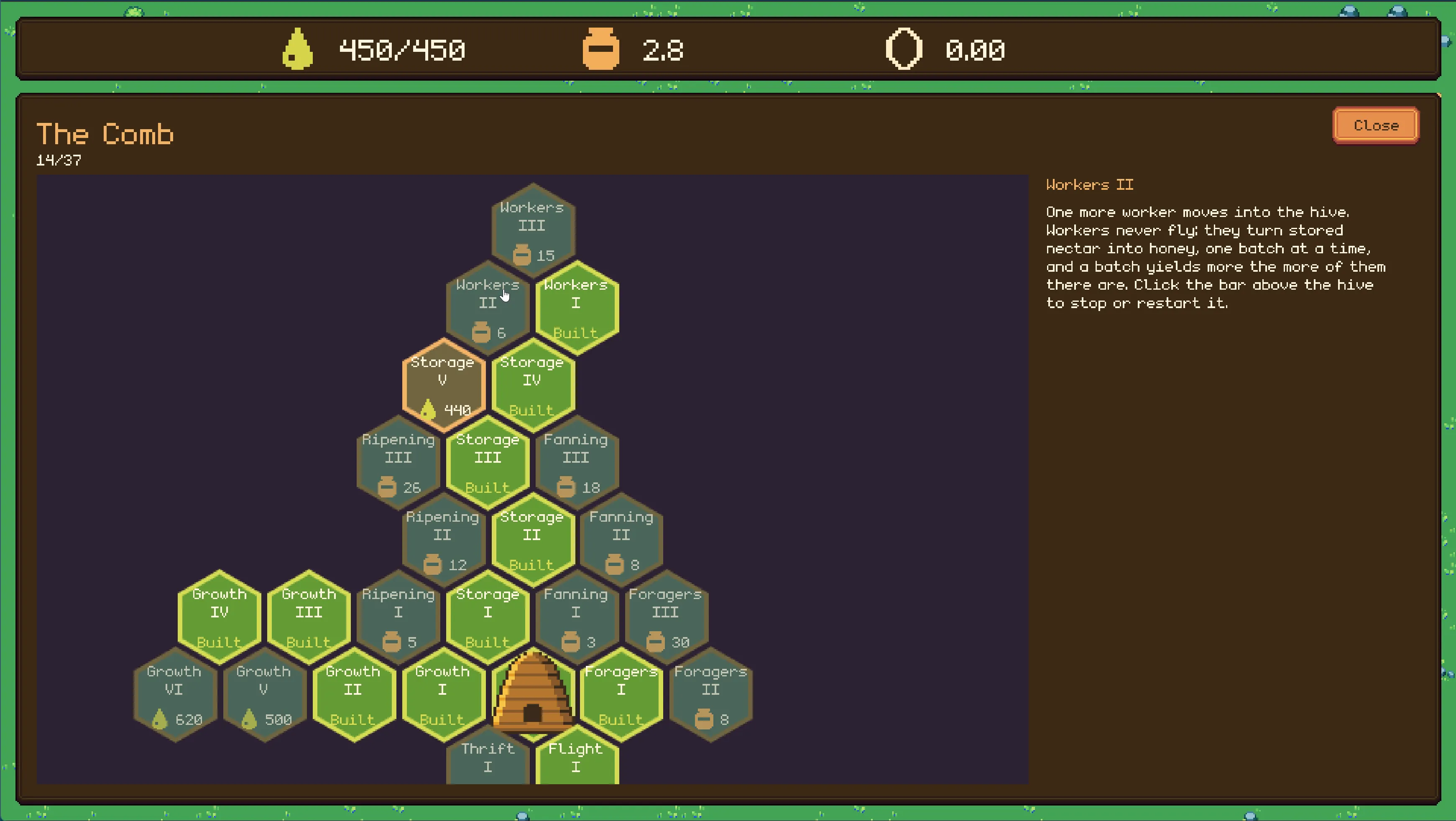 The comb screen: hexagonal upgrade cells around the hive, the built ones in green, the ones you can afford outlined in orange, and everything beyond the edge still hidden.