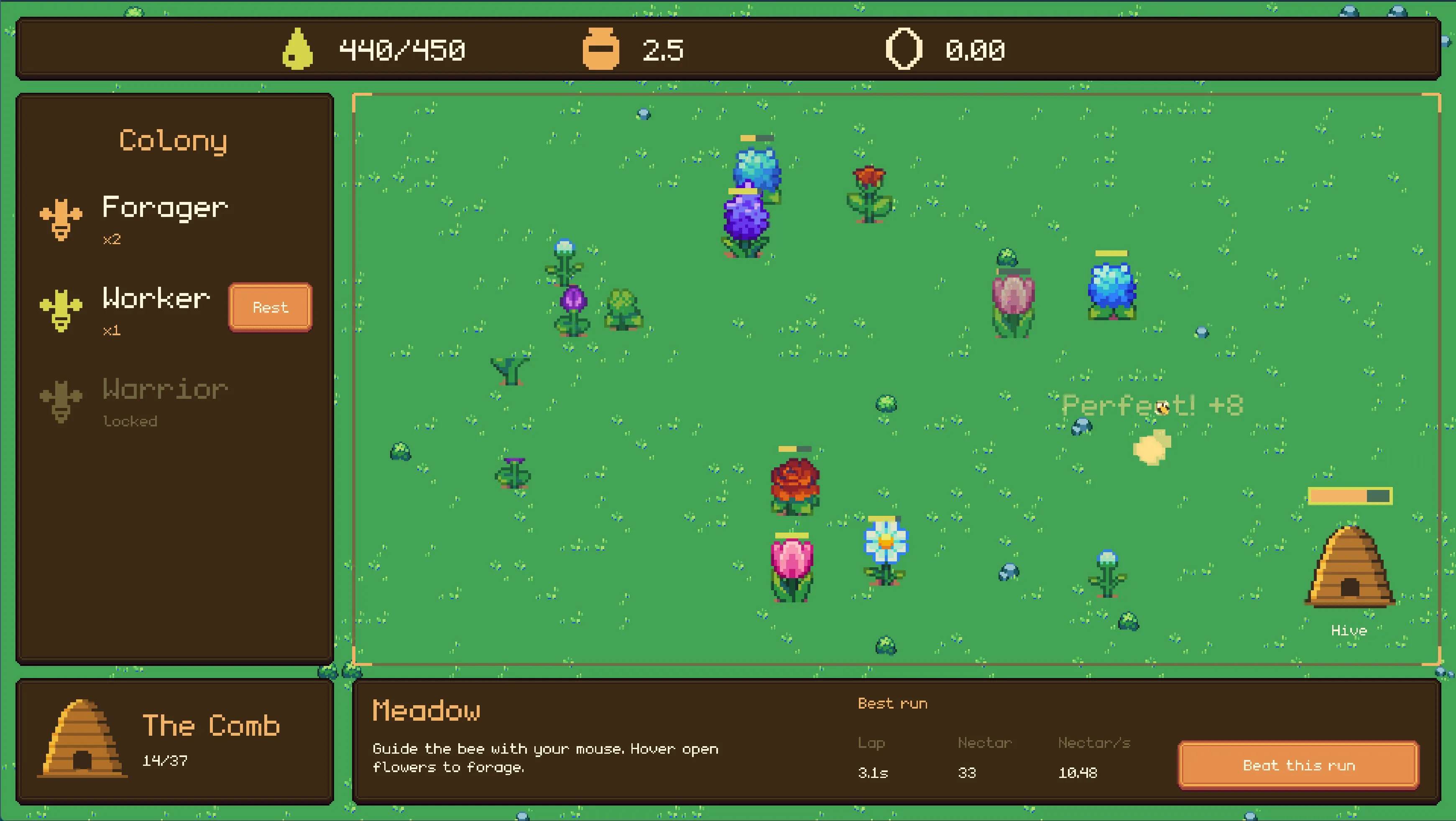 The meadow during a run: the forager crosses open flowers while the panel on the left tracks the colony and the one at the bottom shows the best trip so far, at 10.48 nectar per second.