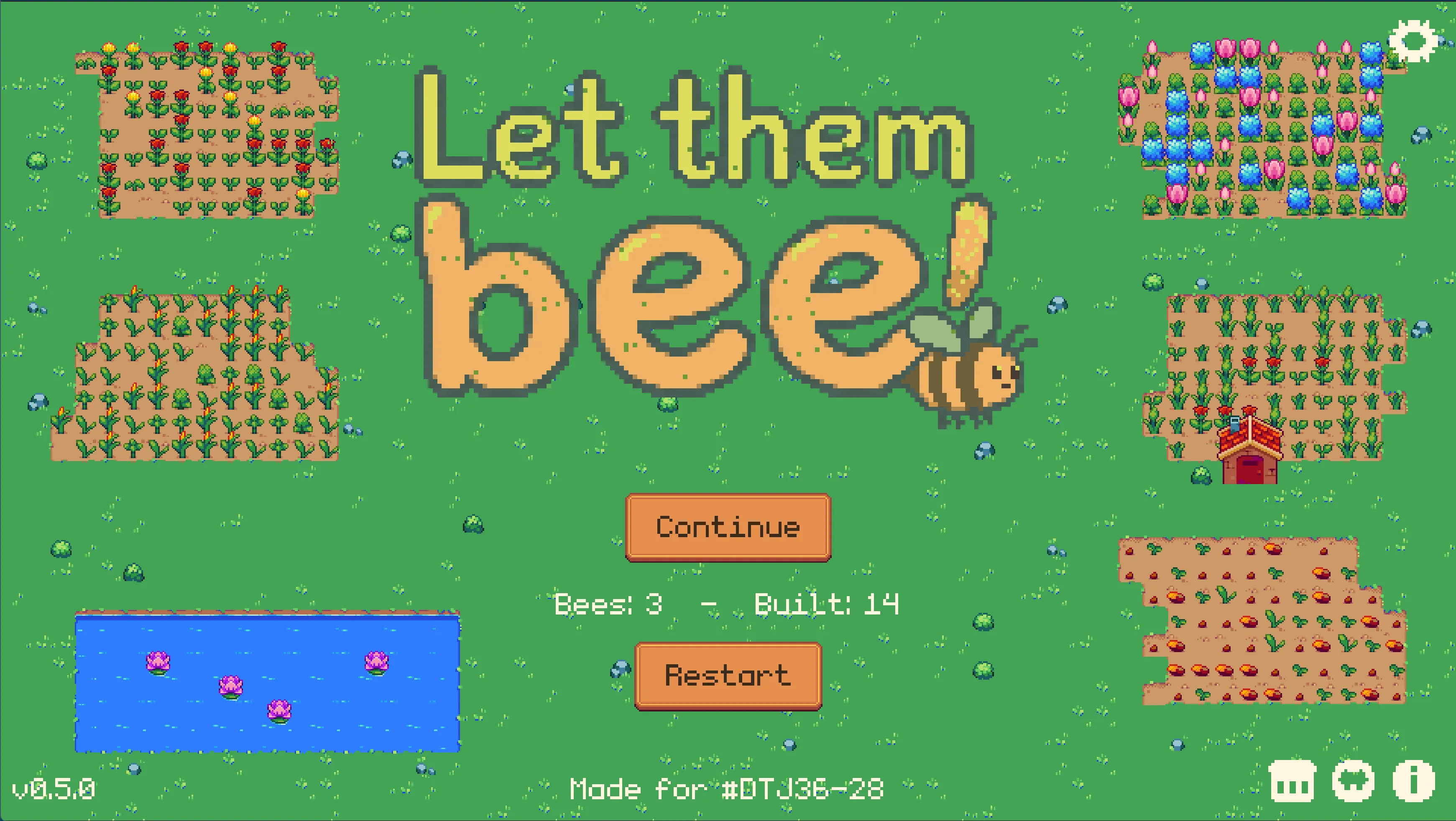 The title screen: a pixel-art meadow with flower beds and a pond, the game's name in wax-yellow letters, and a bee sitting on the exclamation mark.
